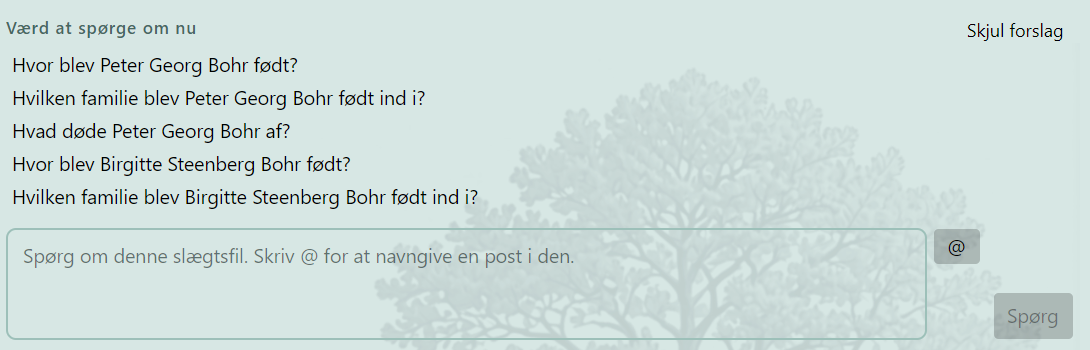 The AI Assistant in Stamtree suggests questions about the family file and answers in plain language.
