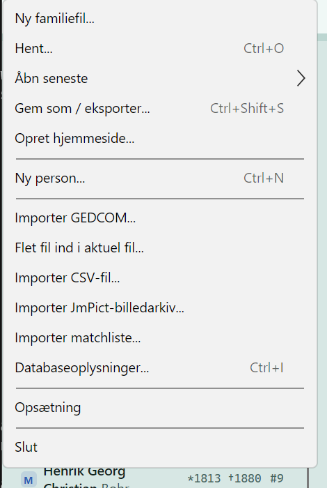 The Files menu in Stamtree: new family file, GEDCOM import, CSV import, picture archive, match list and create website.