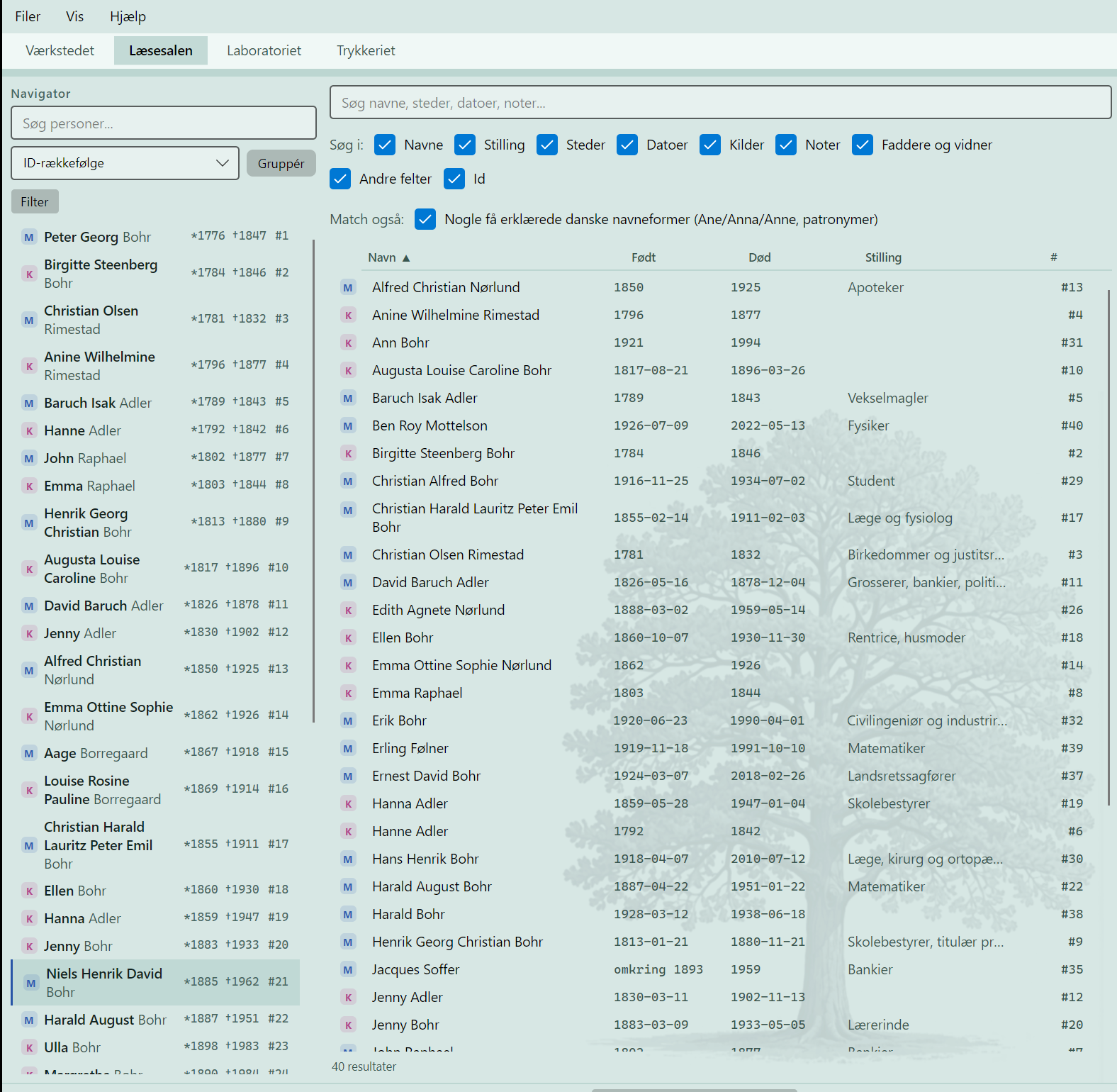 The Reading Room in Stamtree: search across names, places, dates, sources and notes.