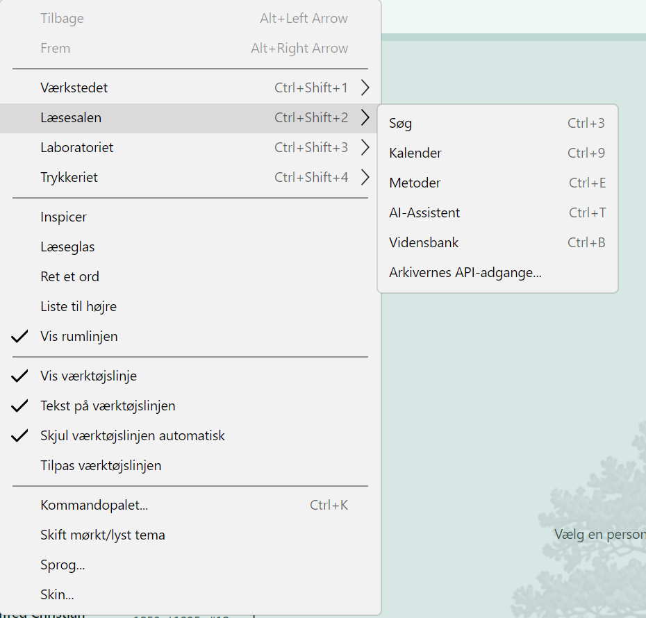 The Reading Room menu: search, calendar, methods, AI Assistant, knowledge bank and the archives' own access points.