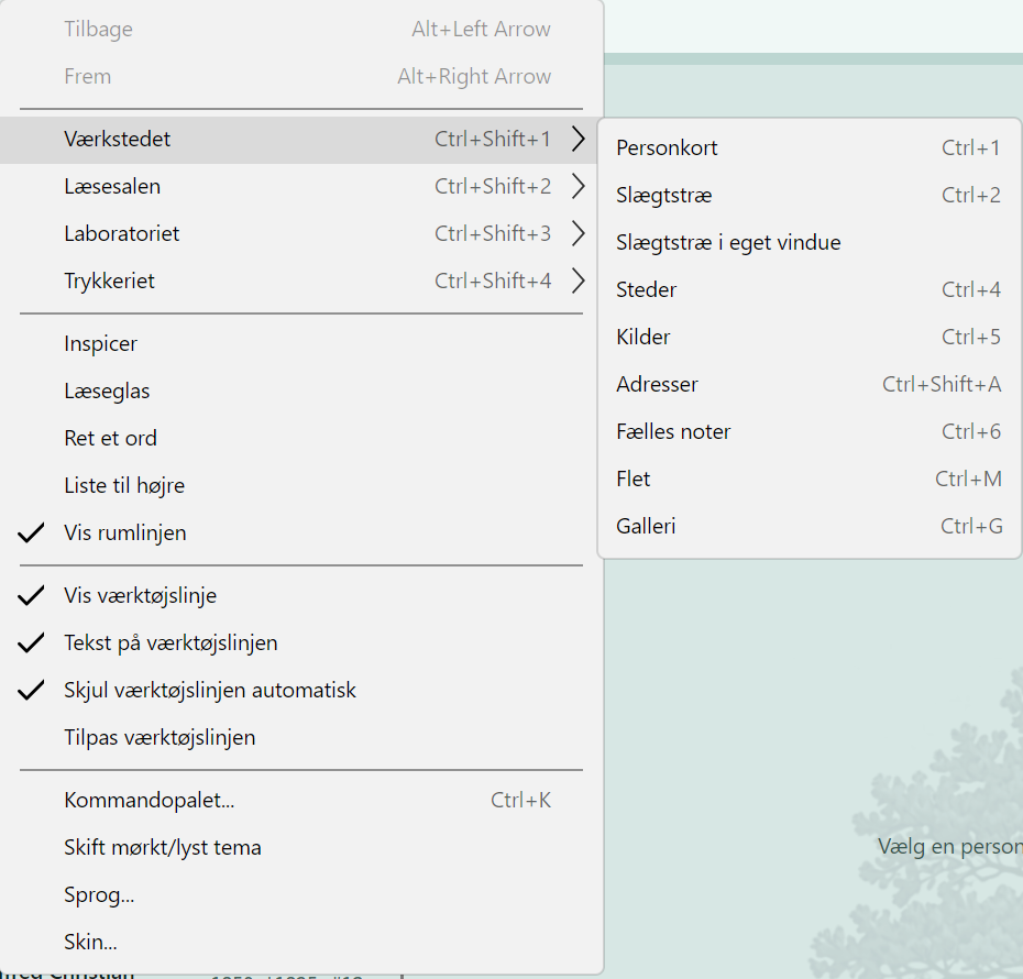 The Workbench menu: person card, family tree, places, sources, addresses, shared notes, merging and gallery.