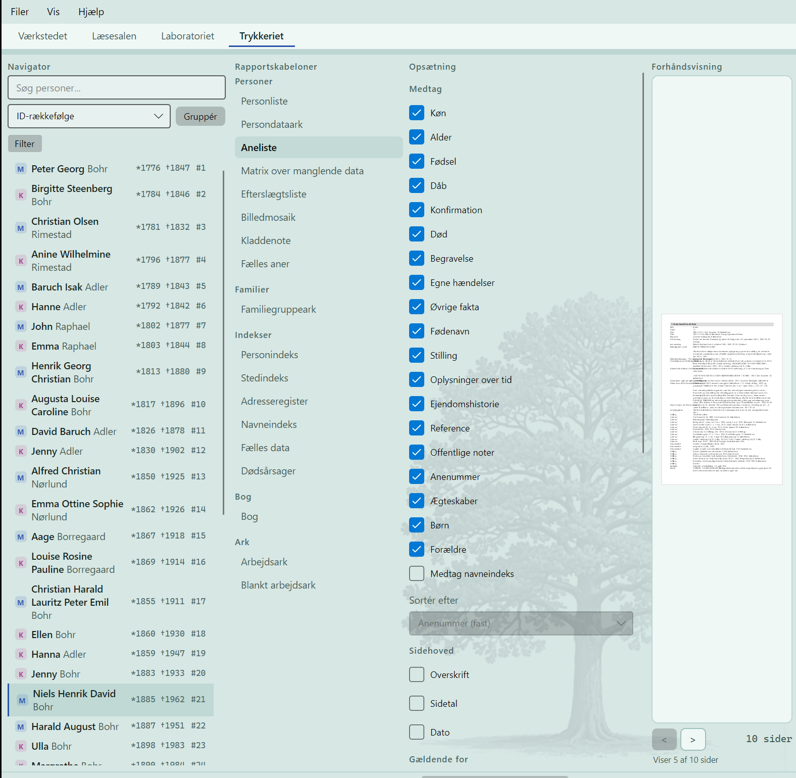 The Print Shop in Stamtree: report templates with an ancestor list and a preview.